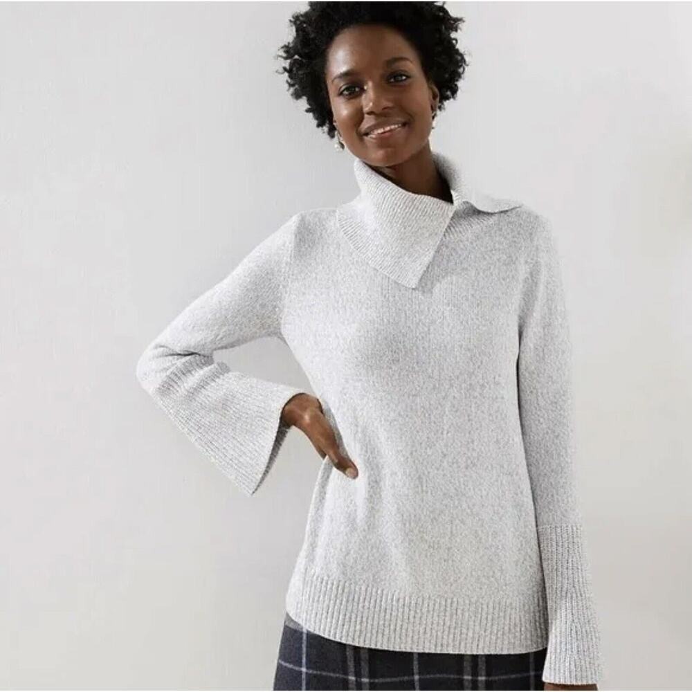 Loft Size M Sweater Gray Bell Sleeve Split Turtleneck Tunic Knit Stretch Women's
